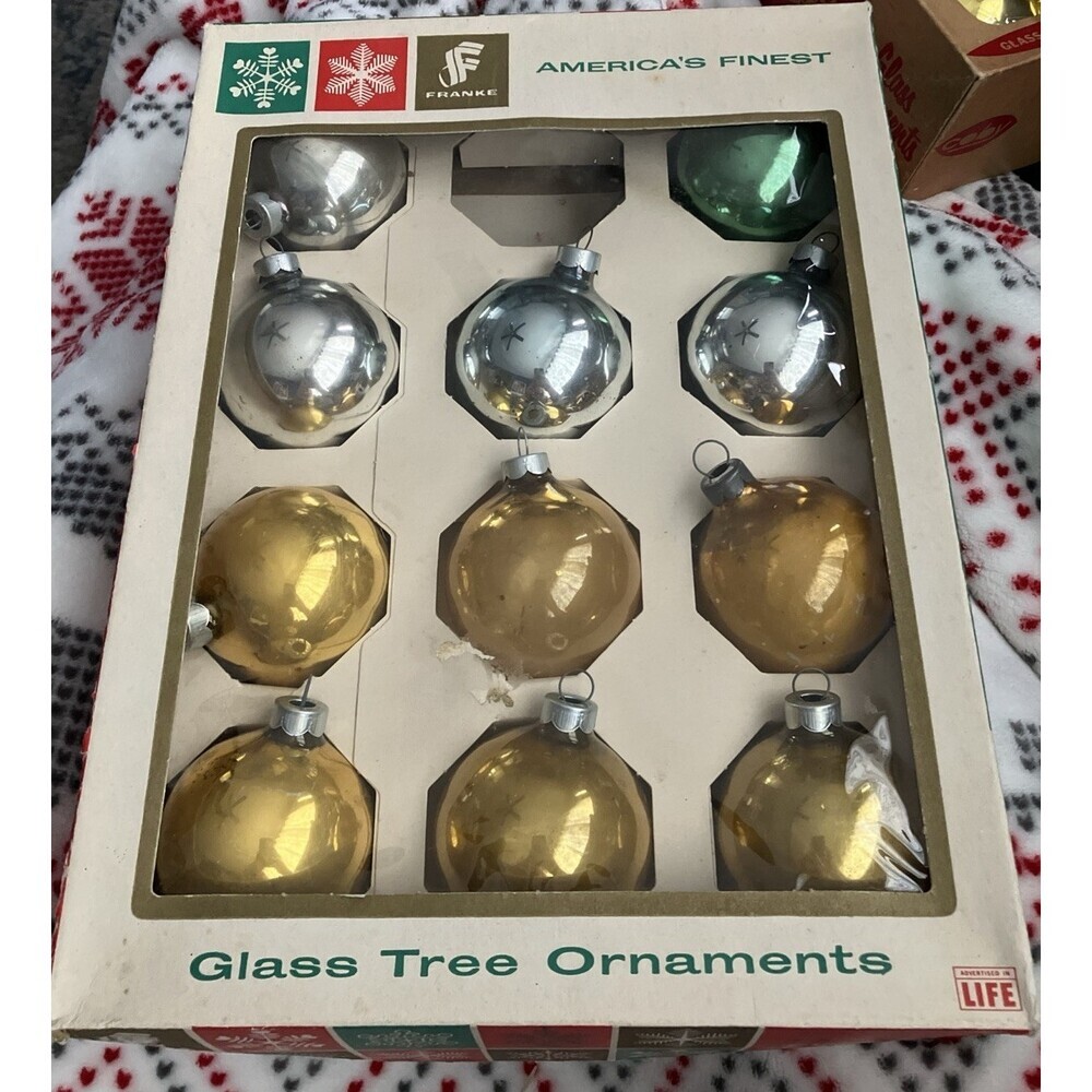 Vintage 21/4" Franke America's Finest Glass Tree Christmas Ornaments - Box of 11